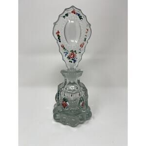 Vintage LE SMITH Hand Painted Floral Crystal Perfume Bottle With Stopper EUC